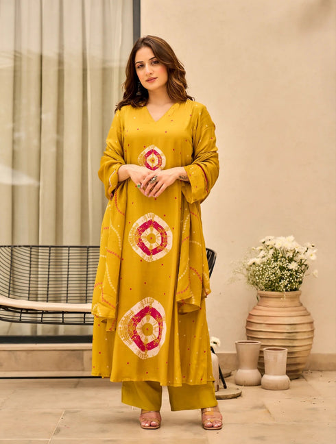 Alvami Women Yellow Printed Viscose A-Line Kurta Pant With Dupatta Set