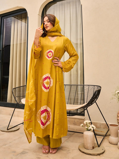 Alvami Women Yellow Printed Viscose A-Line Kurta Pant With Dupatta Set