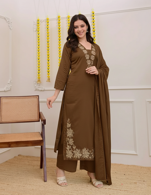 Alvami Women Brown Viscose Straight Kurta with Embroidered Neckline & Pant With Dupatta Set