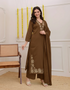 Alvami Women Brown Viscose Straight Kurta with Embroidered Neckline & Pant With Dupatta Set