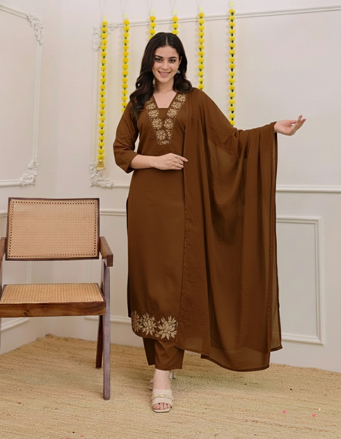 Alvami Women Brown Viscose Straight Kurta with Embroidered Neckline & Pant With Dupatta Set