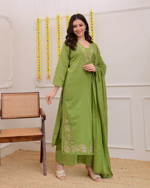 Alvami Women Green Viscose Straight Kurta with Embroidered Neckline & Pant With Dupatta Set