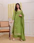 Alvami Women Green Viscose Straight Kurta with Embroidered Neckline & Pant With Dupatta Set