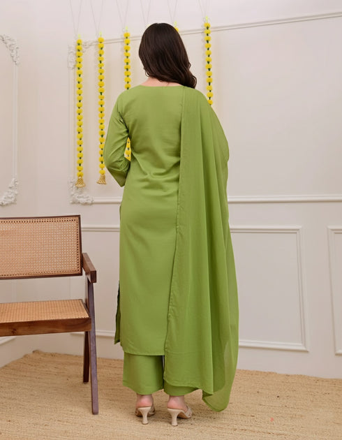 Alvami Women Green Viscose Straight Kurta with Embroidered Neckline & Pant With Dupatta Set