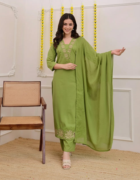 Alvami Women Green Viscose Straight Kurta with Embroidered Neckline & Pant With Dupatta Set