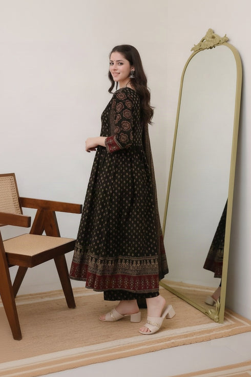 Alvami Women’s Black Printed Viscose Anarkali Kurta Set with Dupatta