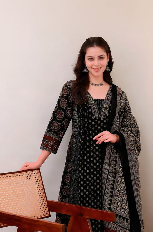 Alvami Women’s Black Printed Viscose Anarkali Kurta Set with Dupatta