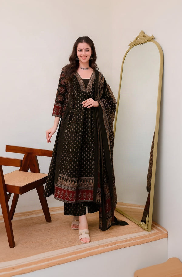 Alvami Womenβs Black Printed Viscose Anarkali Kurta Set with Dupatta