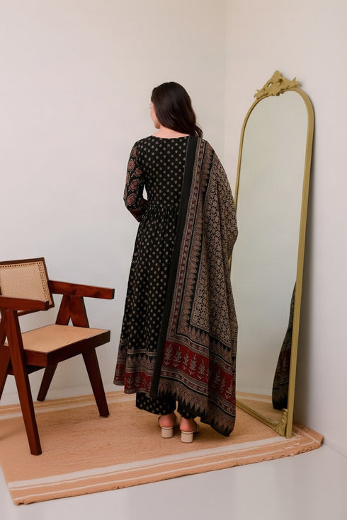 Alvami Women’s Black Printed Viscose Anarkali Kurta Set with Dupatta