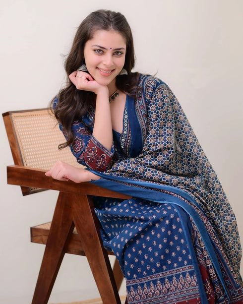 Alvami Women’s Blue Printed Viscose Anarkali Kurta Set with Dupatta