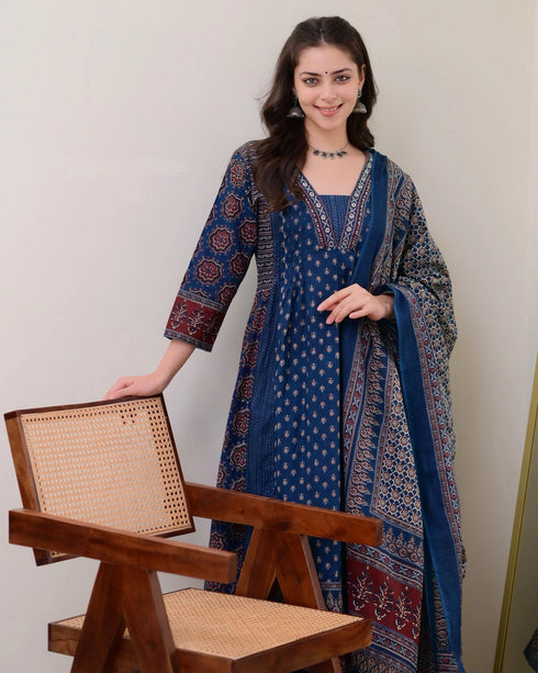 Alvami Women’s Blue Printed Viscose Anarkali Kurta Set with Dupatta