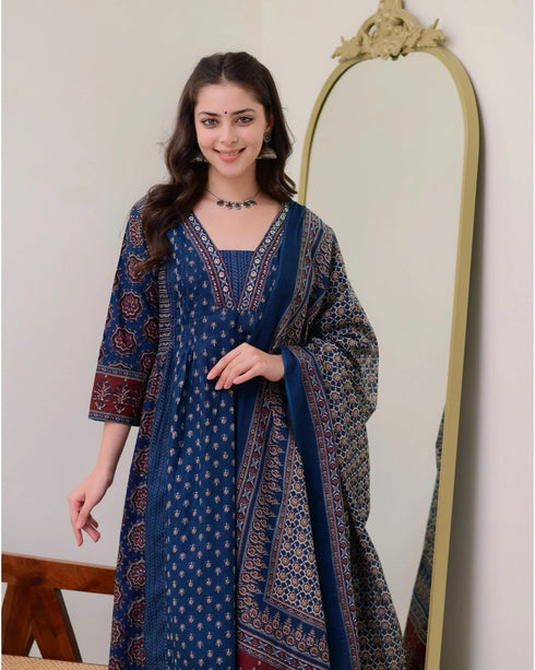 Alvami Women’s Blue Printed Viscose Anarkali Kurta Set with Dupatta
