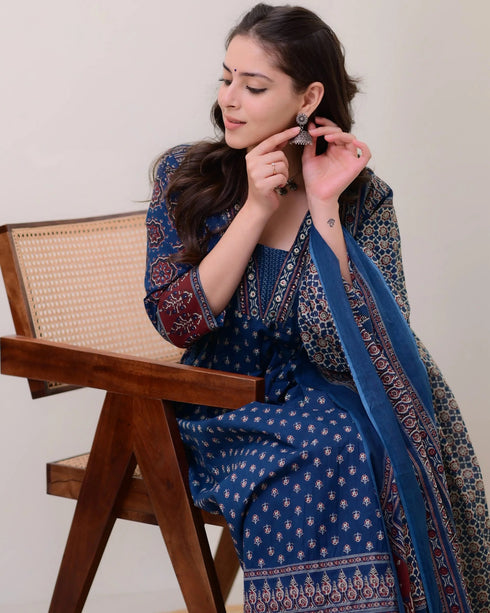 Alvami Women’s Blue Printed Viscose Anarkali Kurta Set with Dupatta