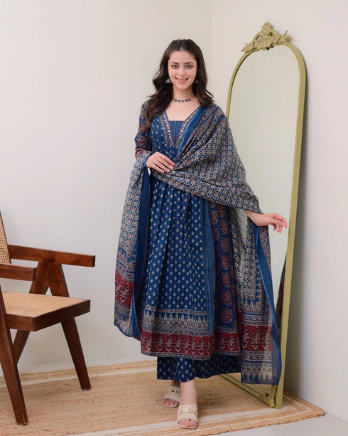 Alvami Women’s Blue Printed Viscose Anarkali Kurta Set with Dupatta