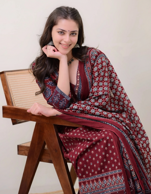 Alvami Women’s Maroon Printed Viscose Anarkali Kurta Set with Dupatta