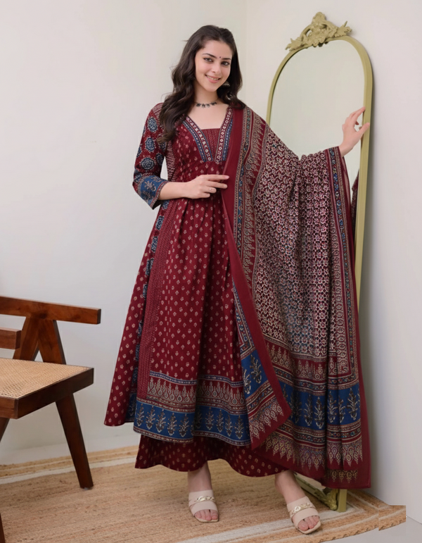Alvami Womenβs Maroon Printed Viscose Anarkali Kurta Set with Dupatta