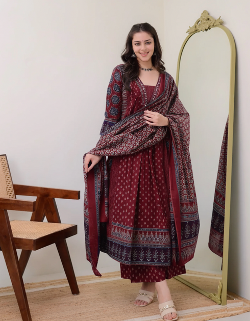 Alvami Women’s Maroon Printed Viscose Anarkali Kurta Set with Dupatta