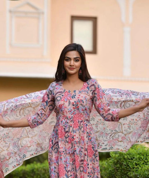 Pink Printed Viscose Rayon Kurta And Pant Set