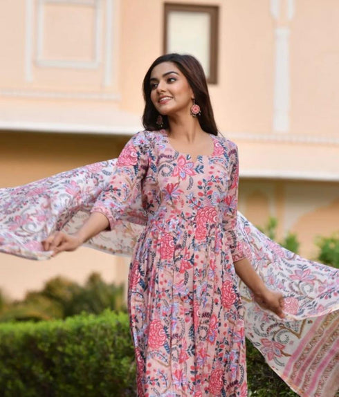 Pink Printed Viscose Rayon Kurta And Pant Set
