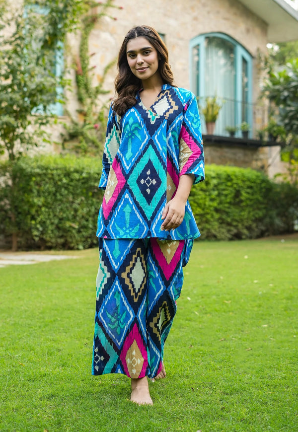 Women Cotton Printed Mandarain Collar Cord Set