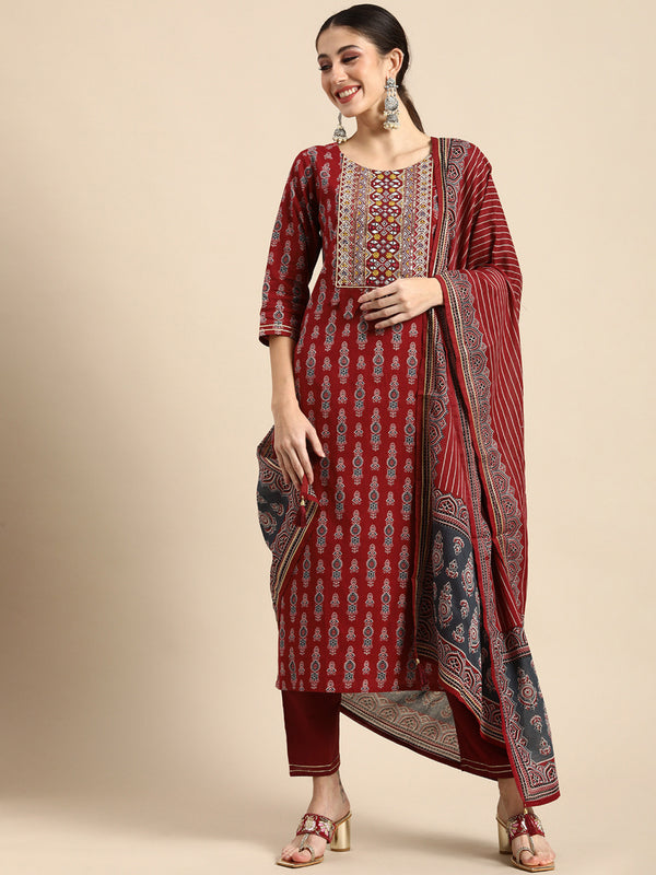 Viscose Red Kurta And Pant Set With Dupatta