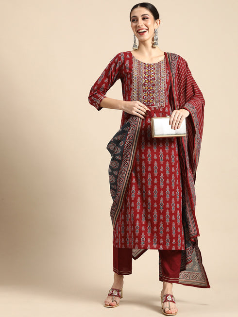 Viscose Red Kurta And Pant Set With Dupatta