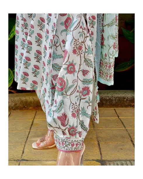 White Printed Viscose Rayon Kurta And Pant Set