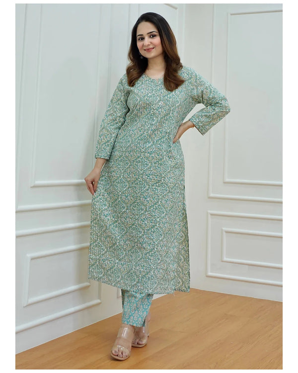 Green Printed Viscose Rayon Kurta And Pant Set