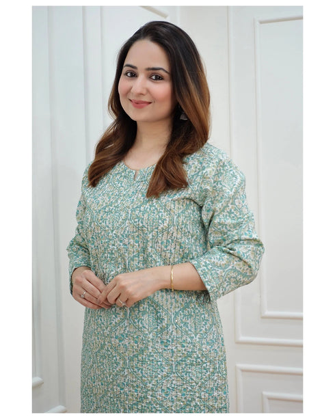 Green Printed Viscose Rayon Kurta And Pant Set