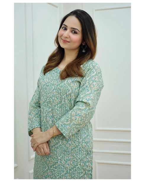 Green Printed Viscose Rayon Kurta And Pant Set