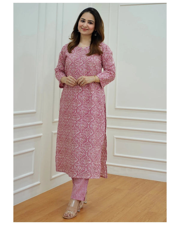 Pink Printed Viscose Rayon Kurta And Pant Set