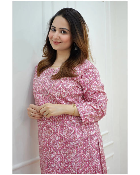 Pink Printed Viscose Rayon Kurta And Pant Set