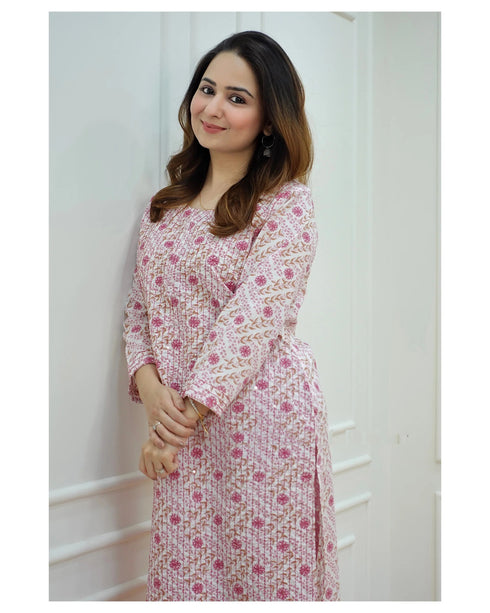 Light Blue, Pink Printed Viscose Rayon Kurta, Pant And Dupatta Set