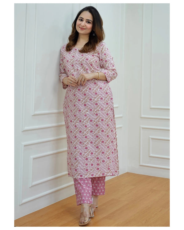 Light Blue, Pink Printed Viscose Rayon Kurta, Pant And Dupatta Set