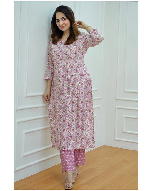 Light Blue, Pink Printed Viscose Rayon Kurta, Pant And Dupatta Set