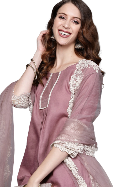Pink Anarkali Kurta And Pant Set With Dupatta